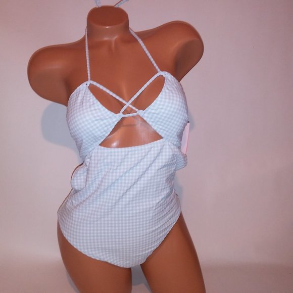 Victoria Secret‎ One Piece Swim Light Blue White Checkered Gingham Strappy New - Picture 6 of 11